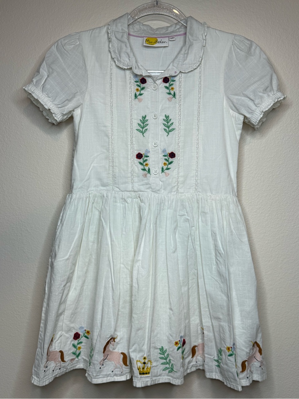 Mini Boden White Dress with Embroidered Unicorns and Floral Trim 9-10 year
